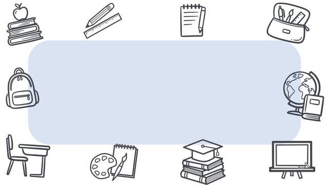 Animated hand-drawn education icons framing a central blue text box. Minimalist doodle style featuring school supplies on white presentation background