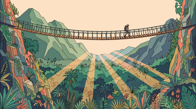 Uma ilustra&ccedil;&atilde;o vetorial estilizada de um aventureiro atravessando uma ponte suspensa de corda sobre um vale tropical exuberante com montanhas e raios de sol emanando ao fundo.