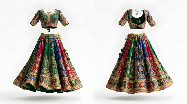 Traditional Indian embroidered lehenga choli set with vibrant colors and intricate gold details for bridal and festive ethnic wear