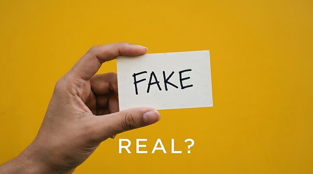 Fake versus real concept with hand holding a white card on a yellow background, for fact checking, and information verification, in digital media