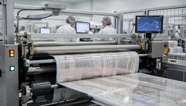 Medium shot of advanced textile machinery producing sensorized smart fabric with embedded pressuresensitive layers highlighting intricate coating lines in a hightech manufacturing