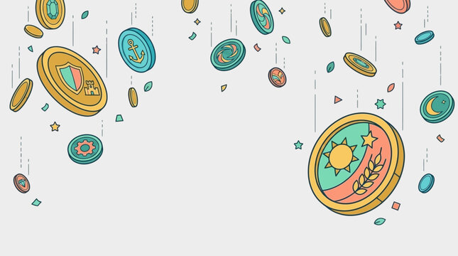 Moedas coloridas e estilizadas com &iacute;cones variados caem ou flutuam em um fundo claro, representando conceitos de finan&ccedil;as e sorte com um design moderno e minimalista.