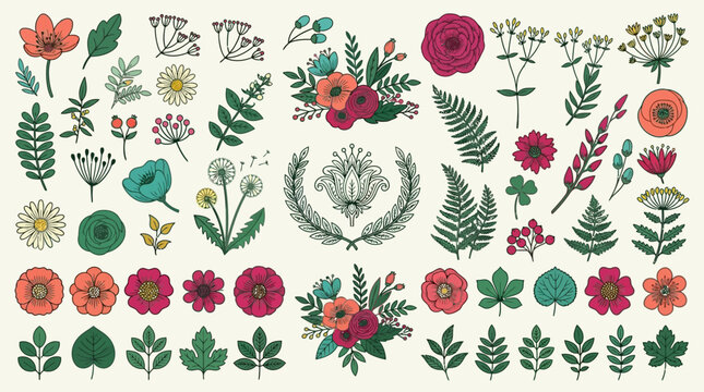 Cole&ccedil;&atilde;o de ilustra&ccedil;&otilde;es bot&acirc;nicas desenhadas &agrave; m&atilde;o, apresentando uma variedade de flores, folhas e elementos decorativos em estilo vintage para design.