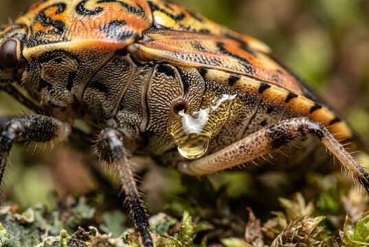 Extreme lateral macro of shield bug secreting defensive liquid droplet from metathoracic gland
