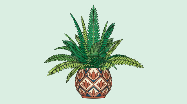 Illustration d'une foug&egrave;re verte luxuriante dans un pot en c&eacute;ramique avec motifs g&eacute;om&eacute;triques color&eacute;s sur un fond vert pastel minimaliste et &eacute;pur&eacute;.