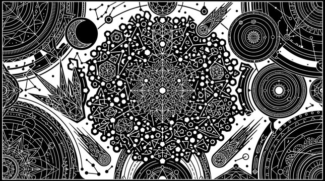 Ilustra&ccedil;&atilde;o vetorial preto e branco de um complexo padr&atilde;o c&oacute;smico com estrelas, planetas e elementos de geometria sagrada, ideal para design m&iacute;stico e espiritual.