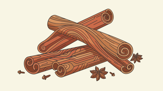 Ilustra&ccedil;&atilde;o detalhada de paus de canela, anis estrelado e cravos-da-&iacute;ndia, especiarias arom&aacute;ticas essenciais para culin&aacute;ria e bebidas quentes, sobre fundo claro.