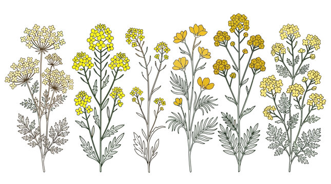 Illustration botanique de diverses fleurs sauvages jaunes dessin&eacute;es &agrave; la main sur fond blanc, style vintage &eacute;l&eacute;gant pour d&eacute;coration.
