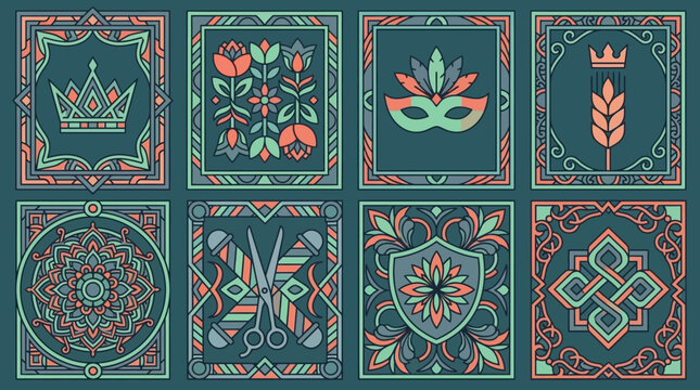Cole&ccedil;&atilde;o de oito ilustra&ccedil;&otilde;es vetoriais decorativas com &iacute;cones simb&oacute;licos como coroa, m&aacute;scara, mandala e tesoura, em estilo vintage e paleta limitada, ideais para branding e design gr&aacute;fico.