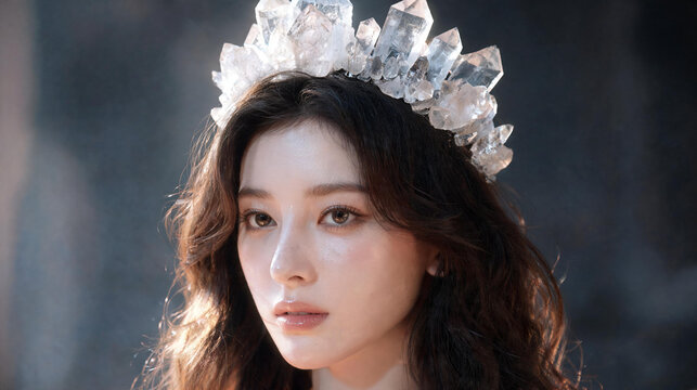 Beautiful young Asian woman with long dark wavy hair wearing an elaborate raw crystal crown photographed against a moody grey stone background for fantasy fashion.