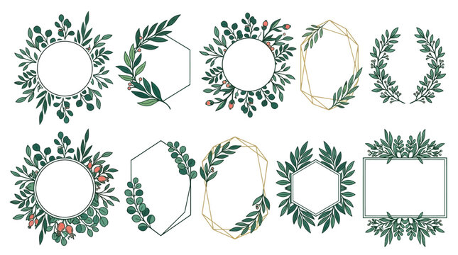 Conjunto de molduras e grinaldas bot&acirc;nicas com folhas verdes e bagas vermelhas, ideais para convites de casamento e design elegante.