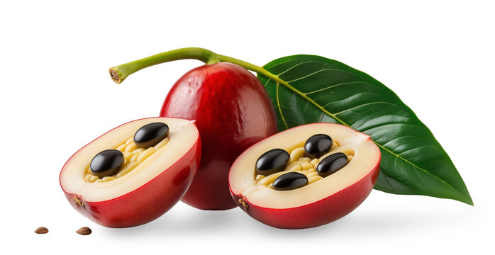 Fresh Mamoncillo Fruit Halves with Seeds and Green Leaves Isolated on White Background.