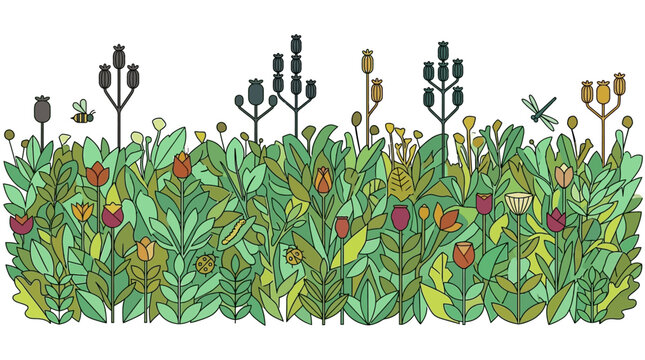 Ilustra&ccedil;&atilde;o vetorial colorida de um jardim exuberante com flores vibrantes, folhas verdes, uma abelha e uma lib&eacute;lula, perfeita para designs de primavera e ver&atilde;o.