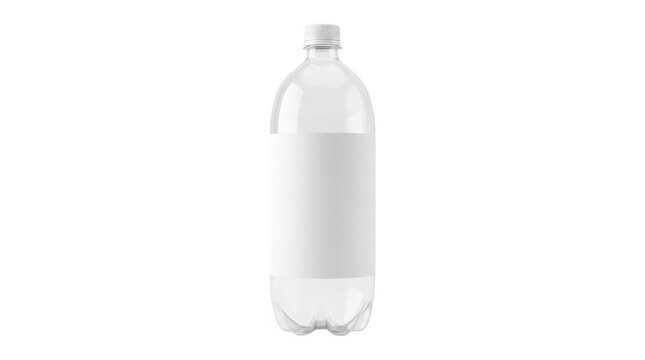 Clear plastic water bottle with empty label mockup isolated on transparent background