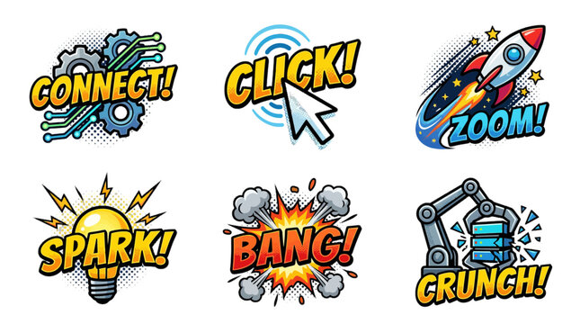 Colorful comic book style vector graphic collection featuring various action words and technological icons for modern web design projects today