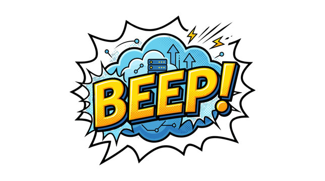 Colorful comic book style vector illustration featuring the word beep with server cloud icons and energetic lightning bolt graphic elements