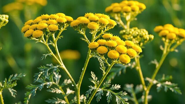 Yellow tansy flowers bloom in a sunny summer meadow