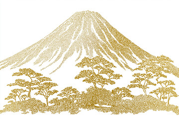 Naklejka premium Mount Fuji rises in elegant golden line art above stylized pine trees on a clean white background.