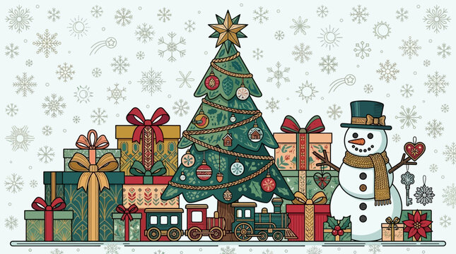 Ilustra&ccedil;&atilde;o festiva de Natal com &aacute;rvore decorada, presentes coloridos, boneco de neve sorridente e um trem de brinquedo, em um fundo de flocos de neve.