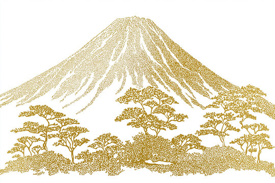  Mount Fuji rises in elegant golden line art above stylized pine trees on a clean white background.