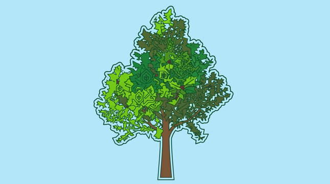 Ilustra&ccedil;&atilde;o digital vibrante de uma &aacute;rvore com folhagem verde e tronco marrom, em estilo bordado, sobre um fundo azul-claro, ideal para design gr&aacute;fico e projetos ambientais.