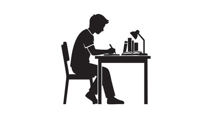 Fototapeta premium Student Sitting at Desk Writing in Notebook with Books and Lamp Featuring Study, Education, Learning with Focus and Concentration