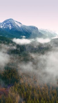 Mist rising above the valley at the foot on mountains in the Mount Rainer National park, Washington State, the USA. Beautiful snow-capped mountain sat backdrop. Top view. Vertical video