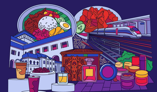 Modern Southeast Asian Cultural Lifestyle Vector Collage Website Banner Hero Header Wide Background Featuring Gastronomy Transit and Heritage Architecture