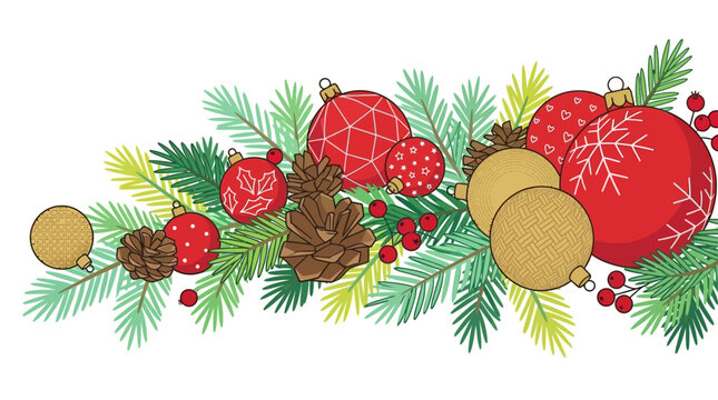 Guirlanda festiva de Natal com ramos de pinheiro verde, bolas vermelhas decoradas, pinhas e bagas, perfeita para celebra&ccedil;&otilde;es e decora&ccedil;&otilde;es de fim de ano.