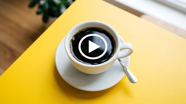 View of a white coffee cup on a saucer placed on a bright yellow table with a play button superimposed on the dark coffee surface