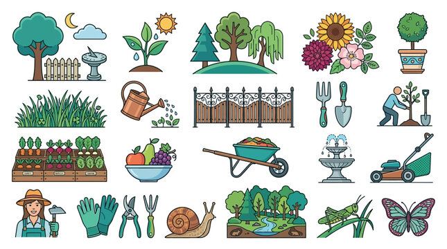 Cole&ccedil;&atilde;o vibrante de &iacute;cones de jardinagem e natureza, incluindo ferramentas, plantas, flores, frutas, vegetais e elementos de paisagem, ideal para projetos de design.