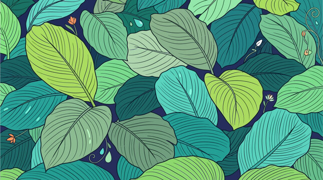 Ilustra&ccedil;&atilde;o vetorial de um padr&atilde;o sem costura de folhas tropicais em tons de verde e azul-esverdeado, criando um fundo org&acirc;nico e vibrante para designs naturais.