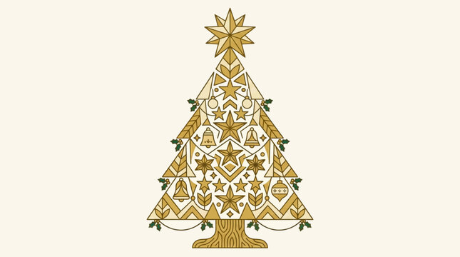 Arbre de No&euml;l &eacute;l&eacute;gant et stylis&eacute;, orn&eacute; de motifs g&eacute;om&eacute;triques dor&eacute;s et d'&eacute;toiles scintillantes sur fond clair, parfait pour les f&ecirc;tes.