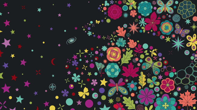 Ilustra&ccedil;&atilde;o vibrante de elementos florais, folhas e borboletas formando uma espiral colorida em um fundo escuro, simbolizando a beleza da natureza e do universo.