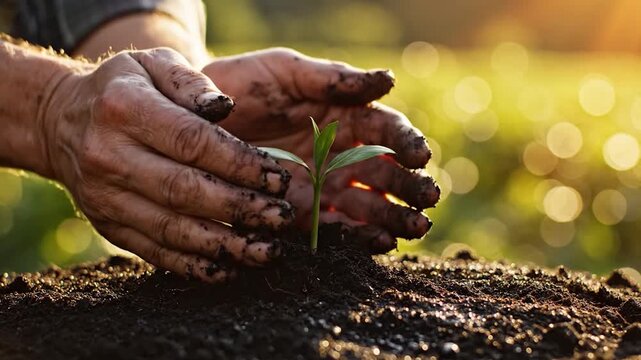 Farmer hands protecting a young green sprout in soil