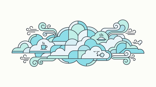 Illustration lin&eacute;aire de nuages g&eacute;om&eacute;triques bleus avec des tourbillons de vent, une tasse de caf&eacute; chaud et un visage soufflant paisiblement.