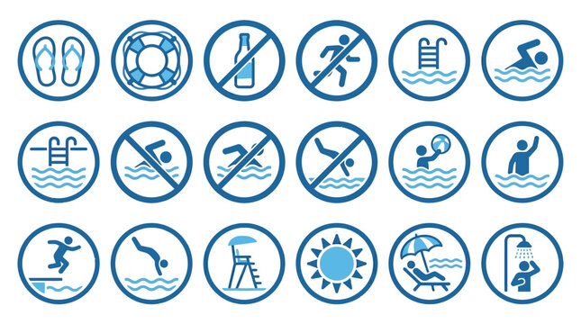 Set of blue swimming pool safety icons featuring various water activities and essential facility warning signs