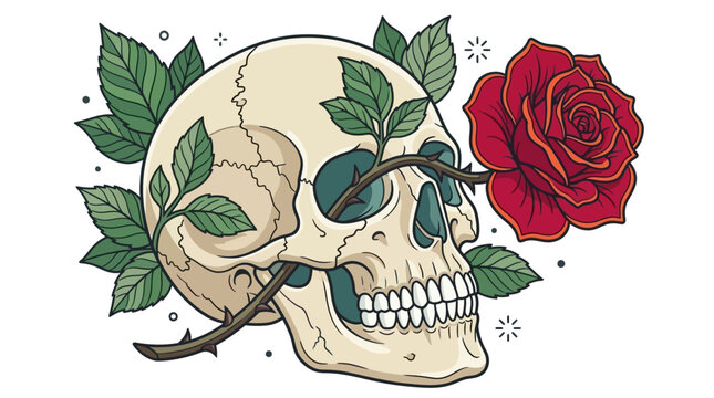 Illustration d'un cr&acirc;ne humain avec une rose rouge fleurissant &agrave; travers l'orbite oculaire, entour&eacute; de feuilles vertes sur fond blanc.