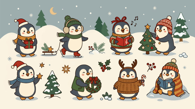 Cute Cartoon Penguins Celebrating Christmas in Festive Outfits, Skating, Singing, Decorating Tree, Holding Wreath and Gifts, Winter Holiday Scene with Snow and Trees