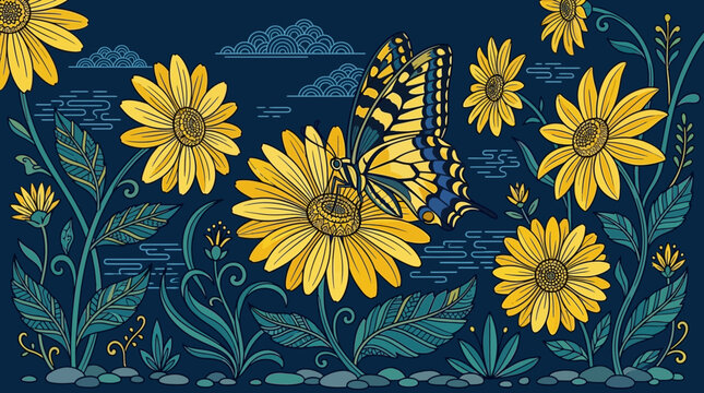Ilustra&ccedil;&atilde;o vetorial vibrante de uma borboleta azul e amarela pousada em uma flor amarela, com folhagem estilizada e nuvens em fundo azul-escuro, capturando a beleza natural e a serenidade da