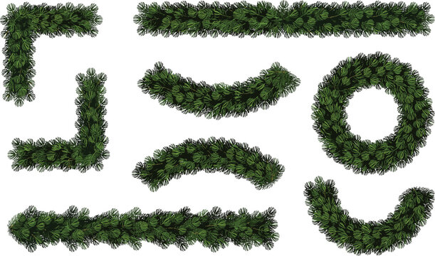 Christmas pine garland shapes vector set. Evergreen fir branch borders and corners collection. Holiday green foliage festive decoration elements.