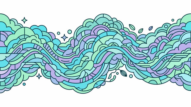 Ilustra&ccedil;&atilde;o vetorial abstrata de linhas onduladas e formas org&acirc;nicas em tons pastel de azul, verde e roxo, criando um padr&atilde;o fluido e moderno perfeito para fundos e designs.