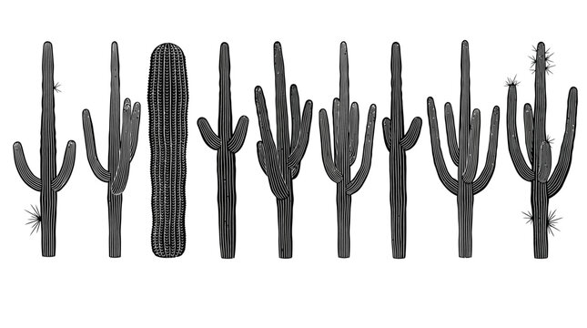 Uma cole&ccedil;&atilde;o de cactos variados do deserto, apresentados em preto e branco com detalhes n&iacute;tidos, isolados sobre um fundo branco puro, ideal para designs minimalistas e temas de natureza &aacute;rida.