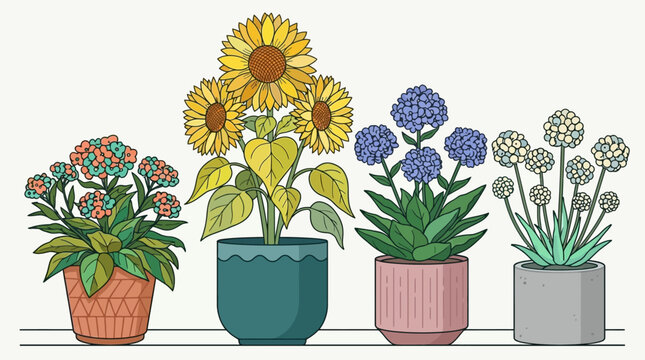 Quatro vasos de plantas ornamentais com girass&oacute;is vibrantes, hort&ecirc;nsias azuis, flores vermelhas e flores esf&eacute;ricas decorativas, ilustrados em estilo moderno e minimalista sobre fundo branco.