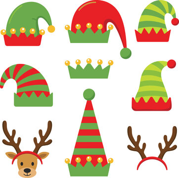 Cute Christmas elf hats and reindeer antlers vector set. Festive holiday party photo booth props. Winter costume elements collection.