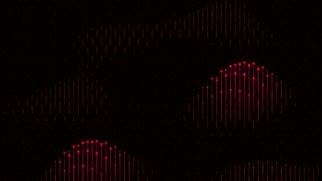 Abstract technology background animation featuring glowing red dot and vertical line particle waves rippling across a dark backdrop, perfect matrix data screen loop template