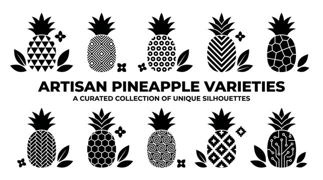 Artisan pineapple varieties vector set with unique geometric silhouettes and decorative tropical fruit icons in black and white