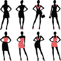 Fototapeta premium Collection of eight female silhouettes in dresses and heels vector illustration EPS PNG file