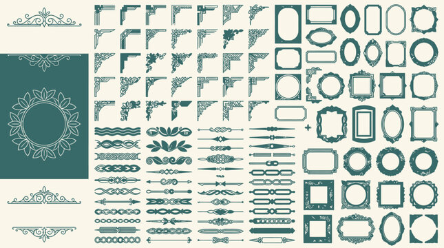 Umfangreiche Sammlung von eleganten Vektor-Zierrahmen, Eckverzierungen, Dekorbord&uuml;ren und Schn&ouml;rkeln in Vintage-Stil f&uuml;r vielf&auml;ltige Designprojekte.