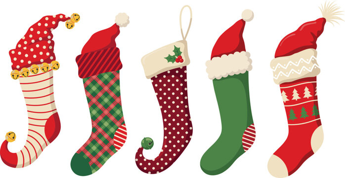 Vintage Christmas stockings vector set. Retro holiday elf socks with plaid patterns. Festive winter fireplace hanging decoration elements.
